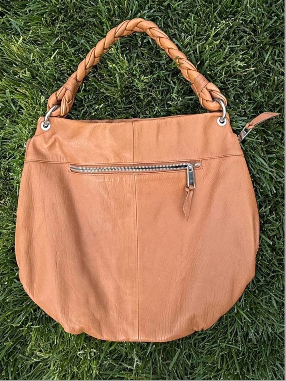 Fenn Wright Manson Braided Handle Tan Genuine Leather Hobo Bag w Silver Hardware - Picture 3 of 7